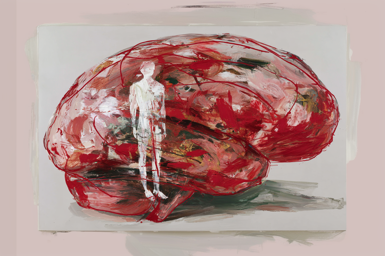 Painting of a translucent human figure standing inside a large brain wrapped in red threads