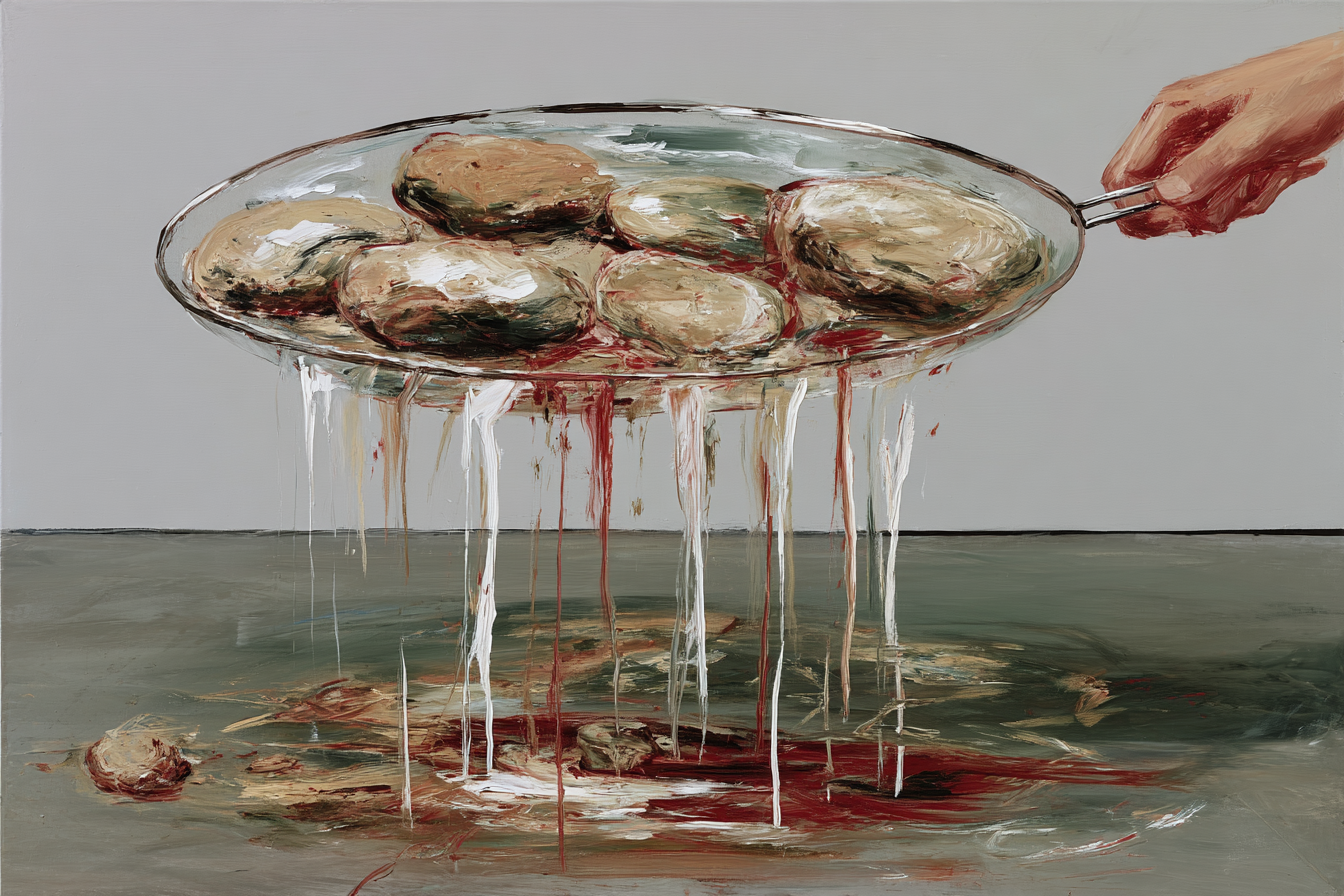 Painting of a hand lifting a glass sieve of stones as paint drips through onto the floor